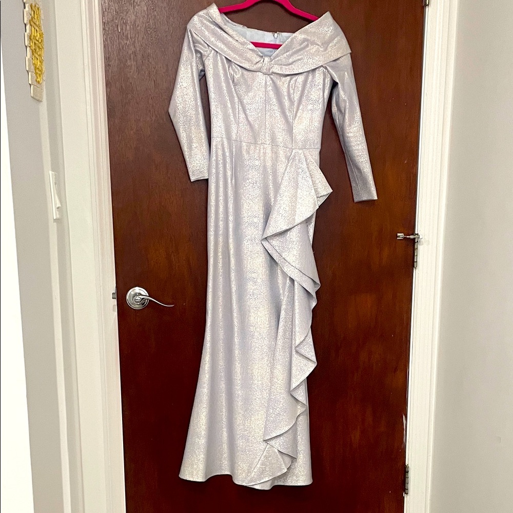 Teri Jon Asymmetrical Silver Dress